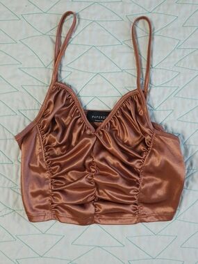Paperoc Copper Satin Cropped Sleeveless Ruched Cami Tank Top